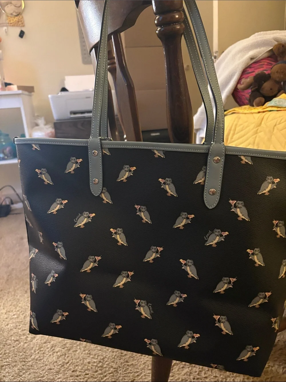 Coach Navy Leather Tote with Owl Print and Light Blue Trim